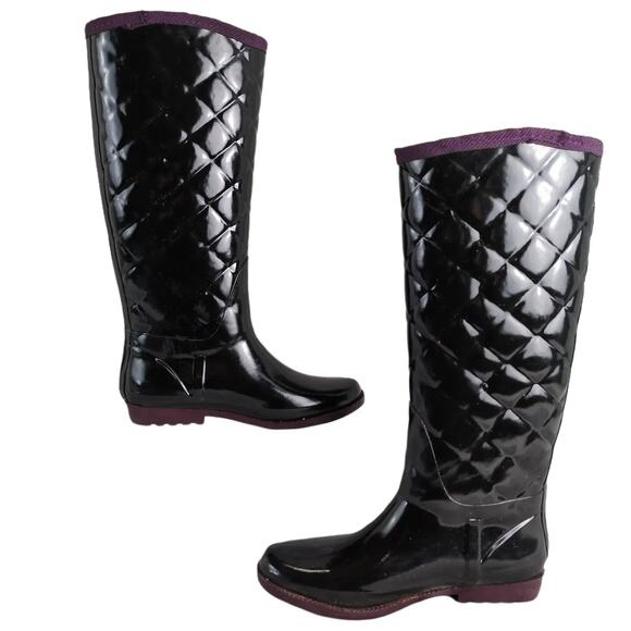 Tommy Hilfiger Vintage Women's 8 Black Knee-High Rubber Rain Boots Pull-On Quilt - Picture 3 of 10